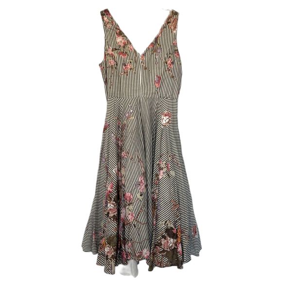 Antica Sartoria Brown White Striped Floral Print Petticoat Sun Dress Womens 3 - Picture 2 of 10